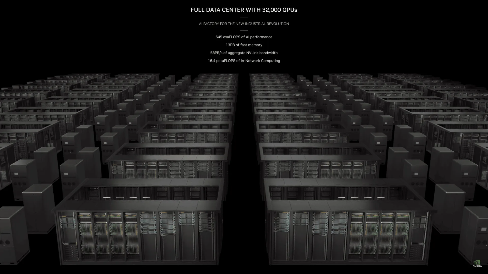 แถวตู้เซิร์ฟเวอร์ NVIDIA สำหรับ AI Factory ขนาดใหญ่